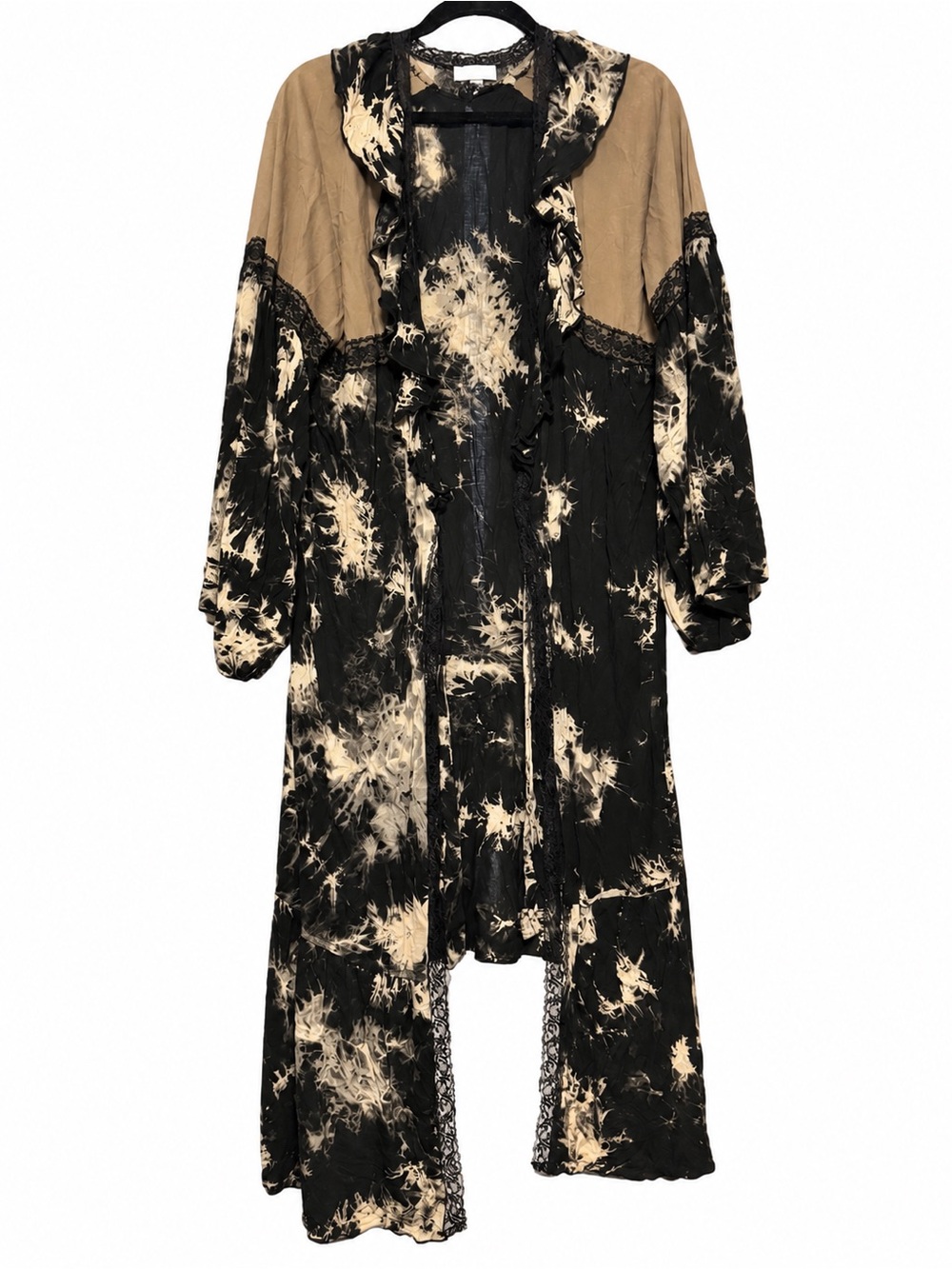 POL Black and Beige Tie Dye Kimono Maxi Open Front Tie Dress